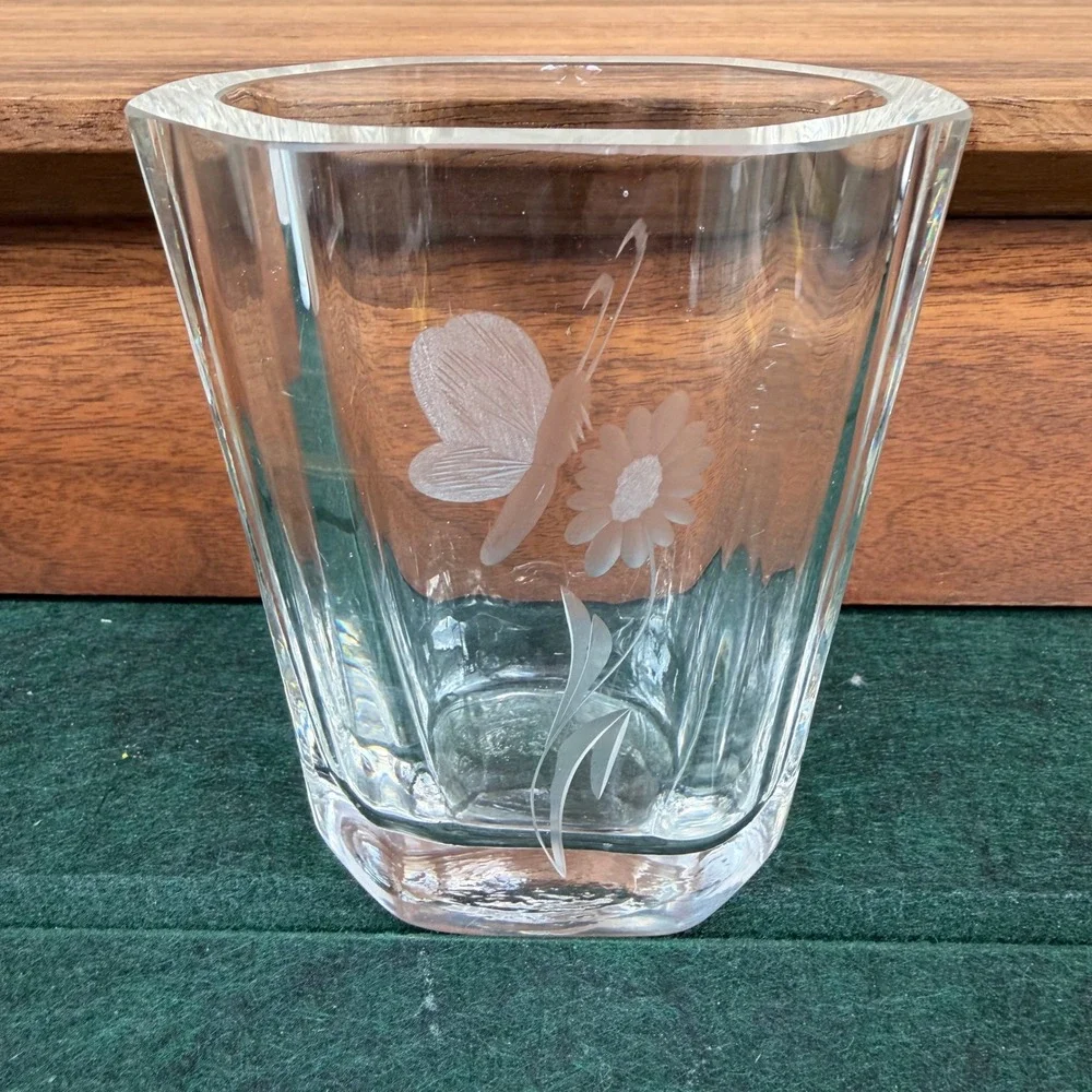 Etched Crystal Butterfly Flower Vase Clear Glass Small Hexagonal 4.5 Inch